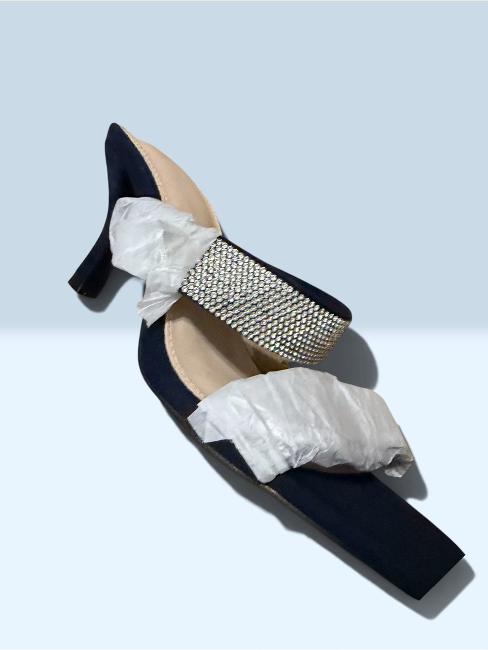 Embellished Navy Block Heel Slingbacks - Women